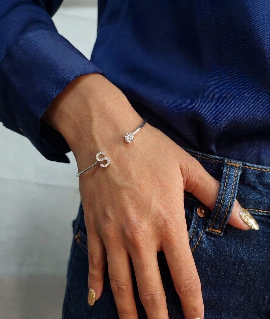 Initial Diamond Like Stone Freesize Bangle