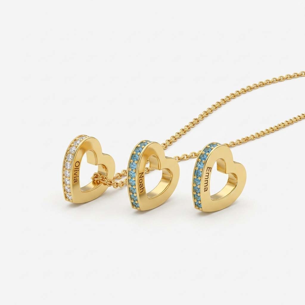Personalized Family Name Necklace with Birthstones and Heart Charm