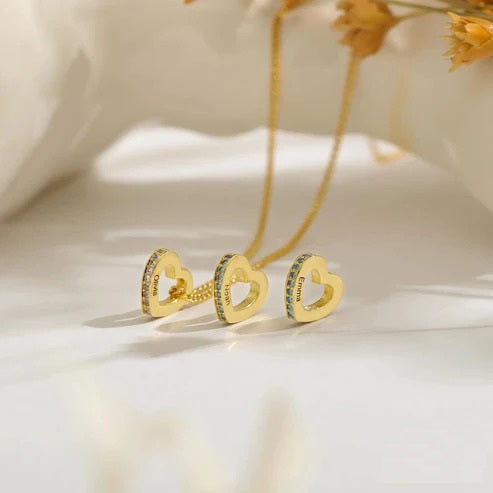 Personalized Family Name Necklace with Birthstones and Heart Charm