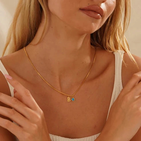 Personalized Birthstone Initial Necklace – Elegant Letter Charm Jewelry