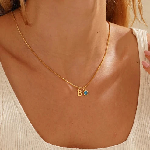 Personalized Birthstone Initial Necklace – Elegant Letter Charm Jewelry