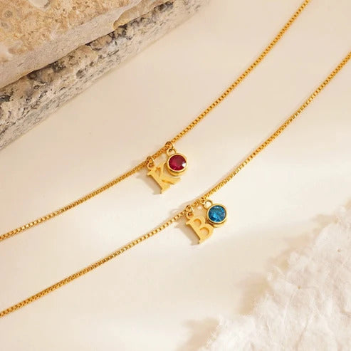 Personalized Birthstone Initial Necklace – Elegant Letter Charm Jewelry