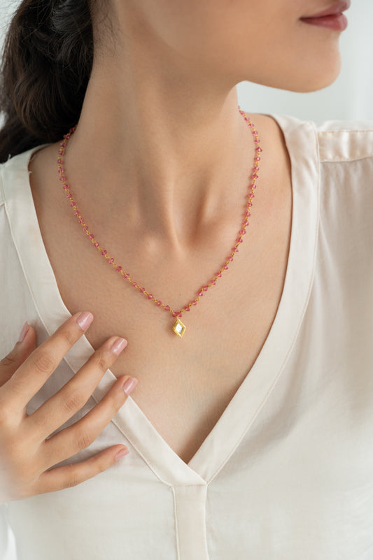 Pink Beaded Kundan Pendant Necklace | Gold Plated Ethnic Jewelry for Women