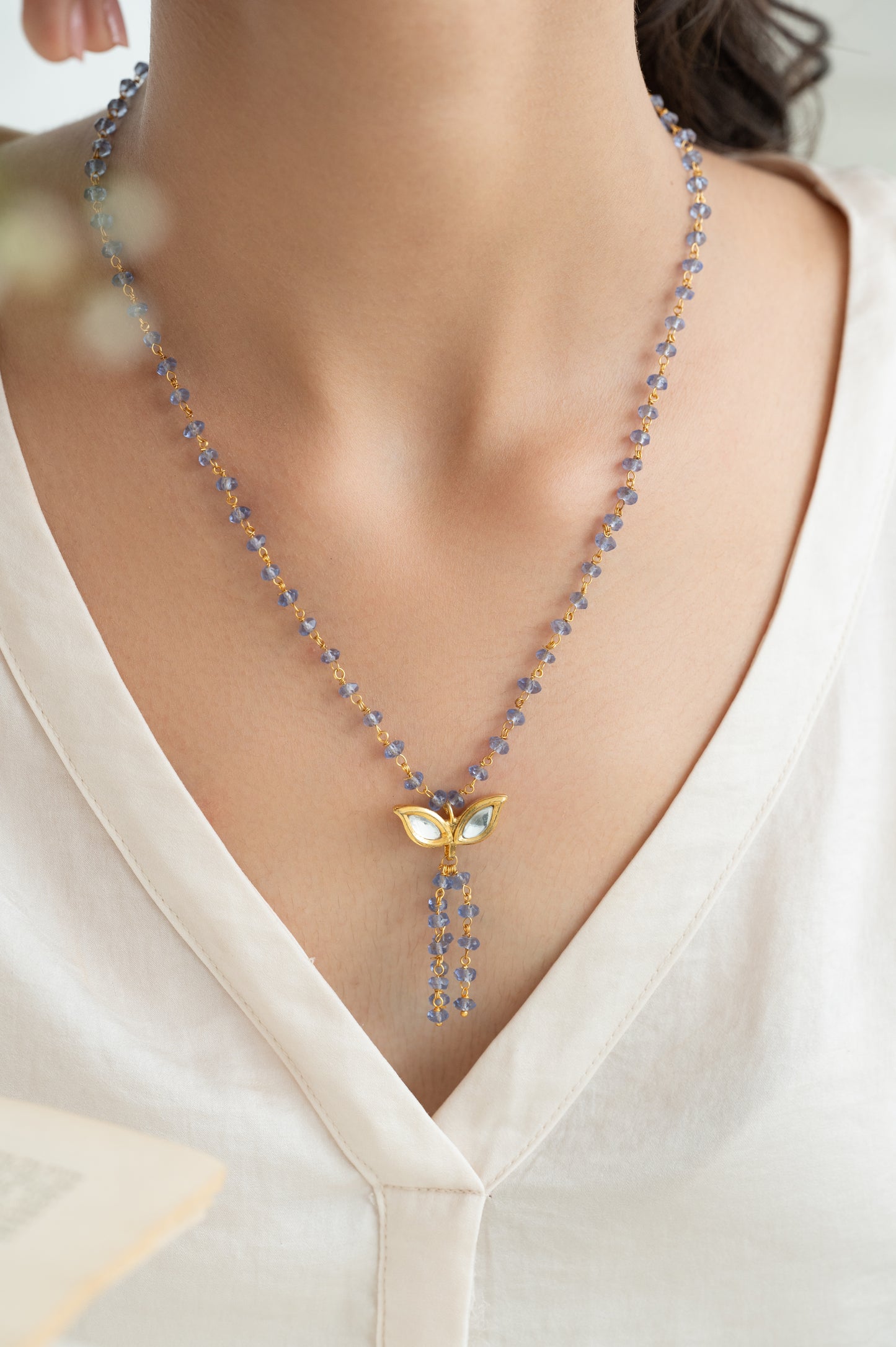 Blue Beaded Kundan Butterfly Tassel Necklace | Gold Plated Ethnic Jewelry for Women