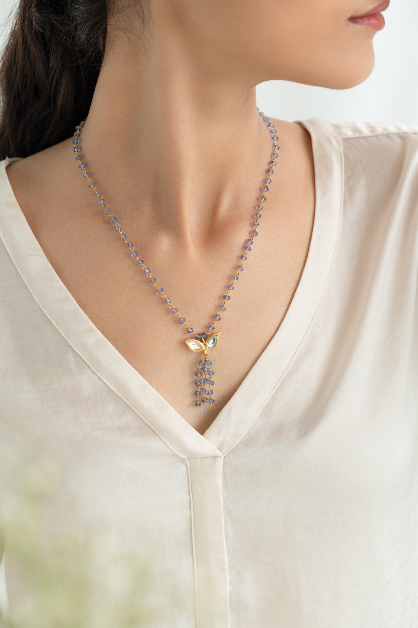 Blue Beaded Kundan Butterfly Tassel Necklace | Gold Plated Ethnic Jewelry for Women