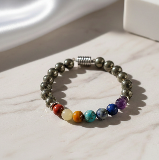 Money Magnet Pyrite 7 Chakra Natural Stone Bracelet
