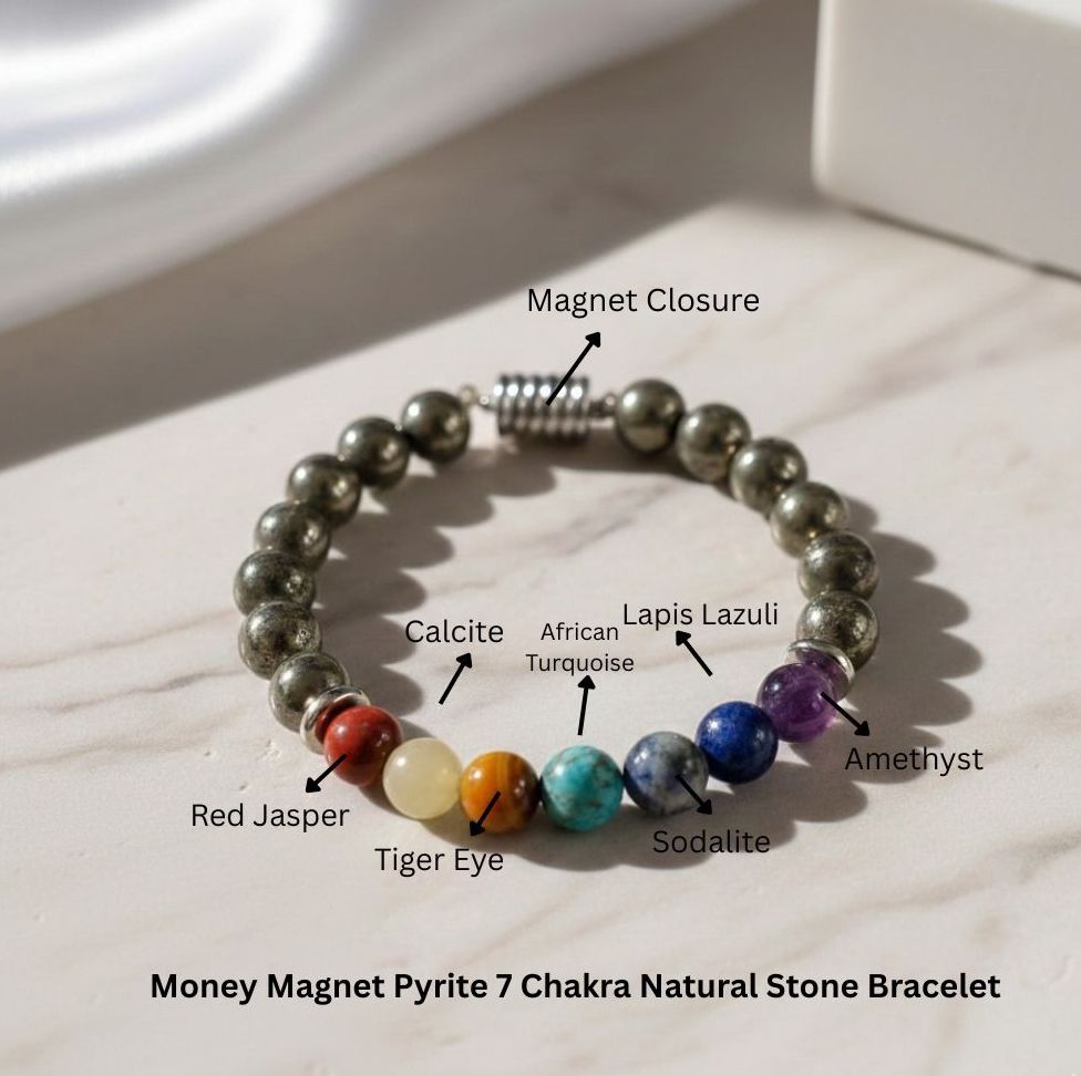 Money Magnet Pyrite 7 Chakra Natural Stone Bracelet