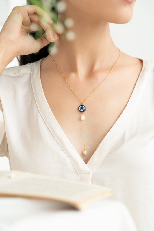 Evil Eye Pearl Lariat Y Gold Chain Necklace