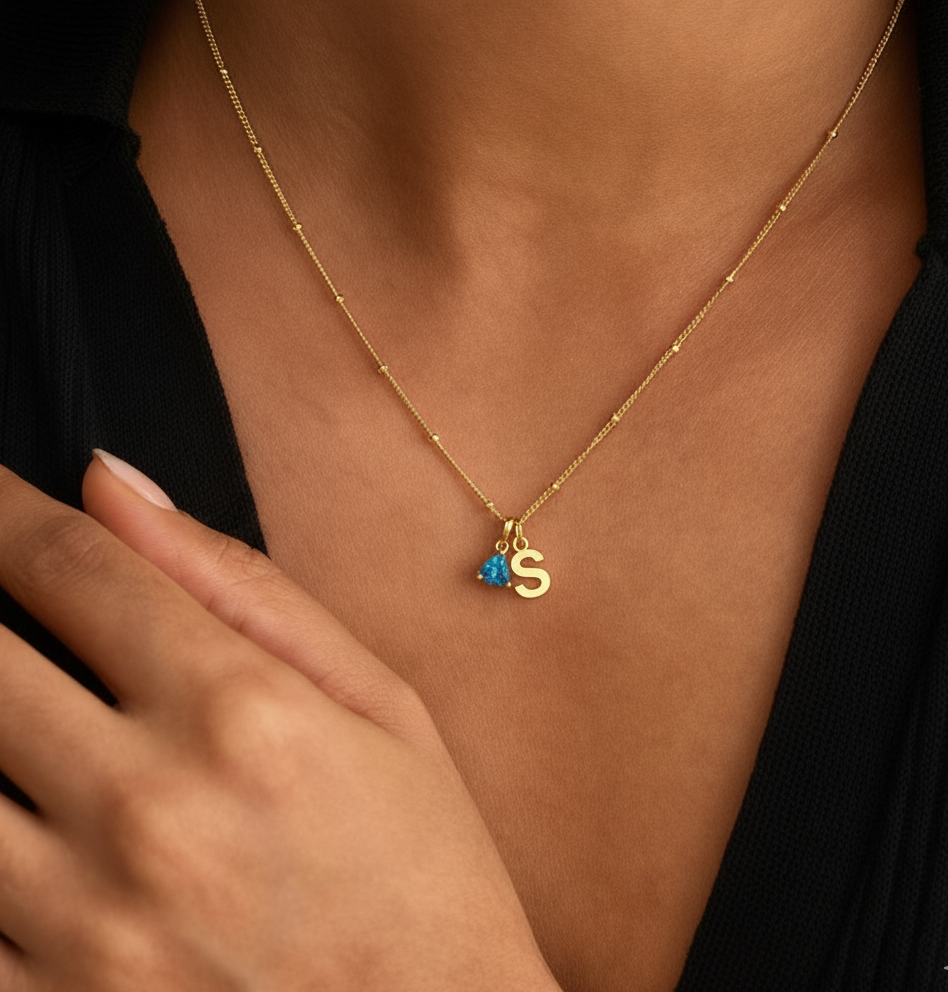 Initial Necklace with Birthstone Charm