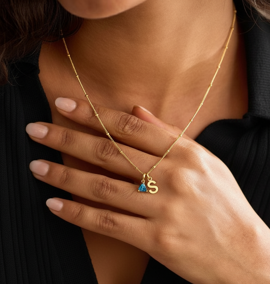 Initial Necklace with Birthstone Charm