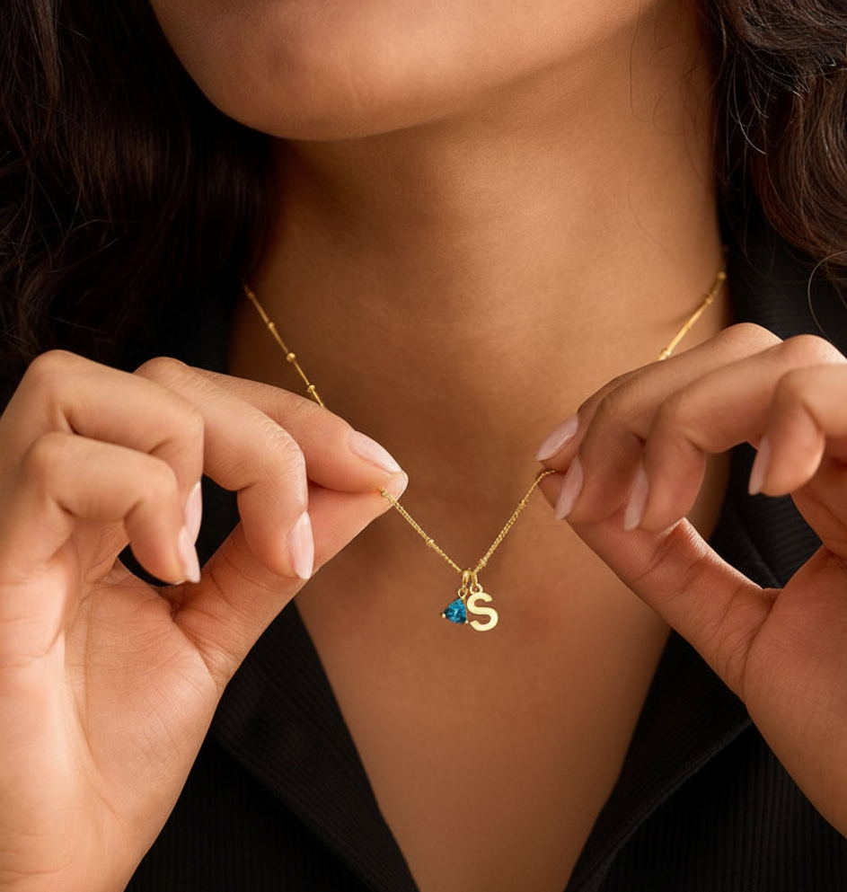 Initial Necklace with Birthstone Charm