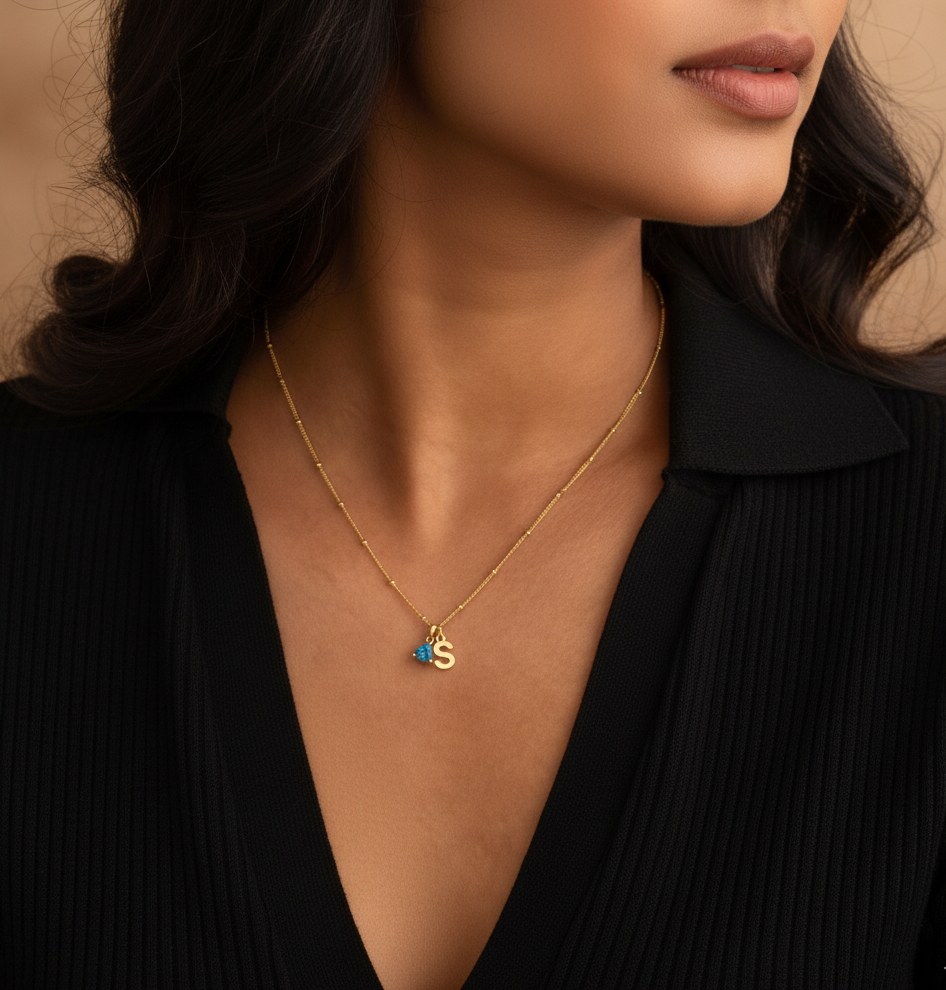 Initial Necklace with Birthstone Charm
