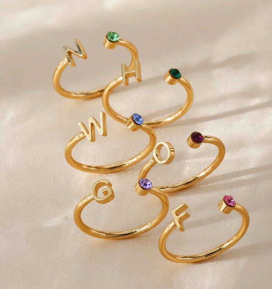 Birthstone Initial Personalised Ring