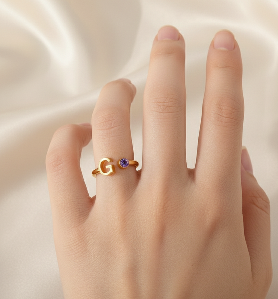 Birthstone Initial Personalised Ring