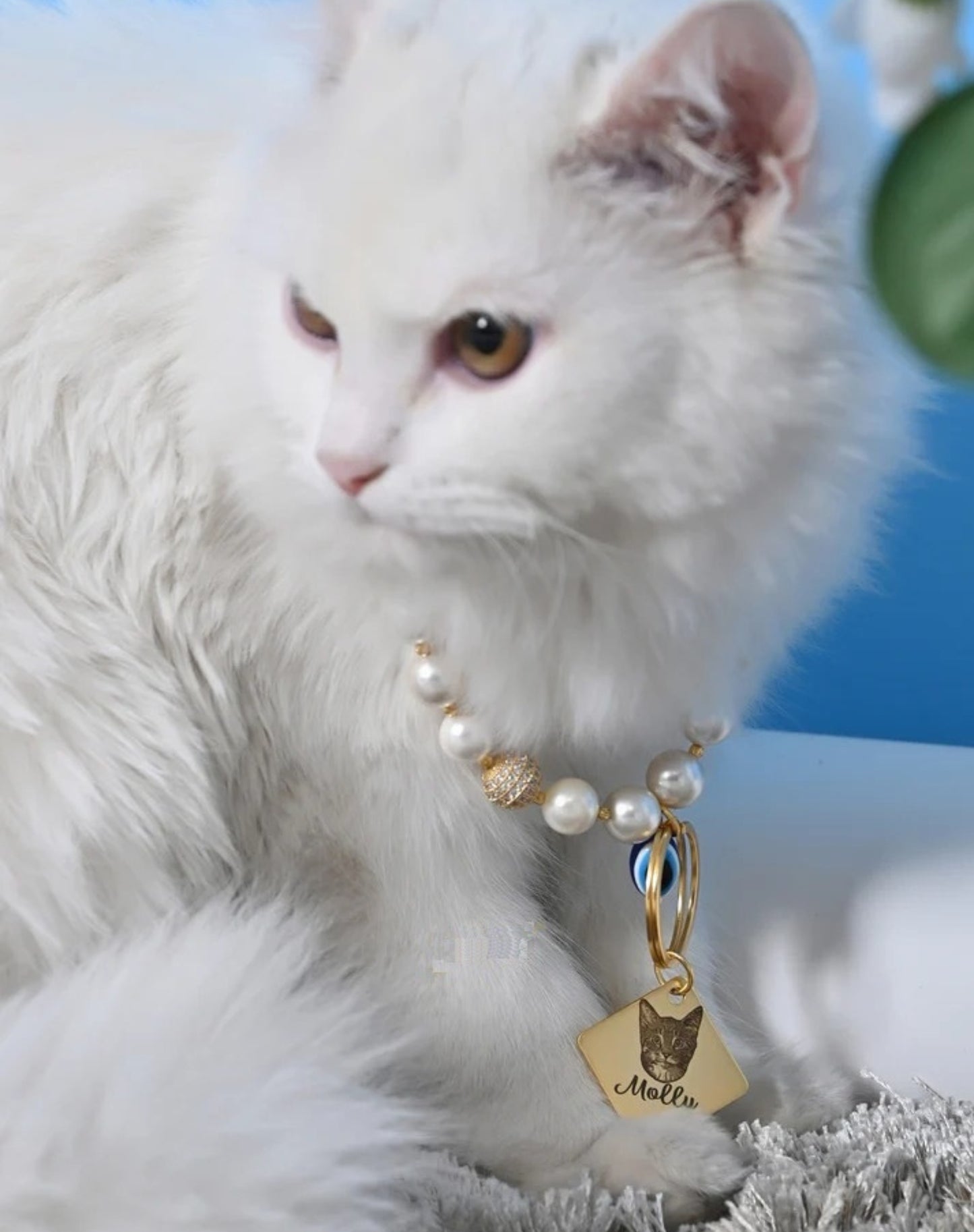 Personalized Cat Pearl Necklace with Evil Eye Charm