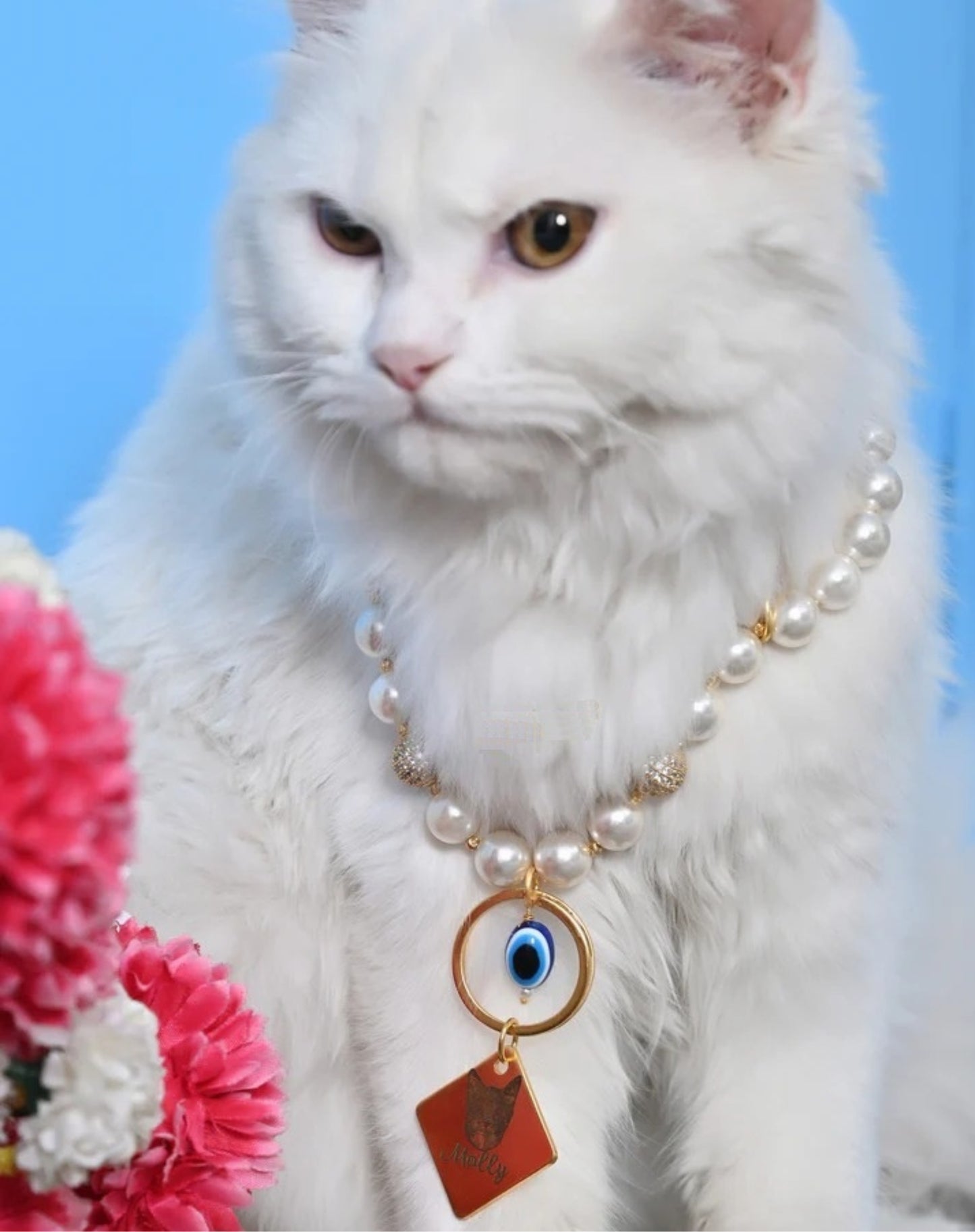 Personalized Cat Pearl Necklace with Evil Eye Charm