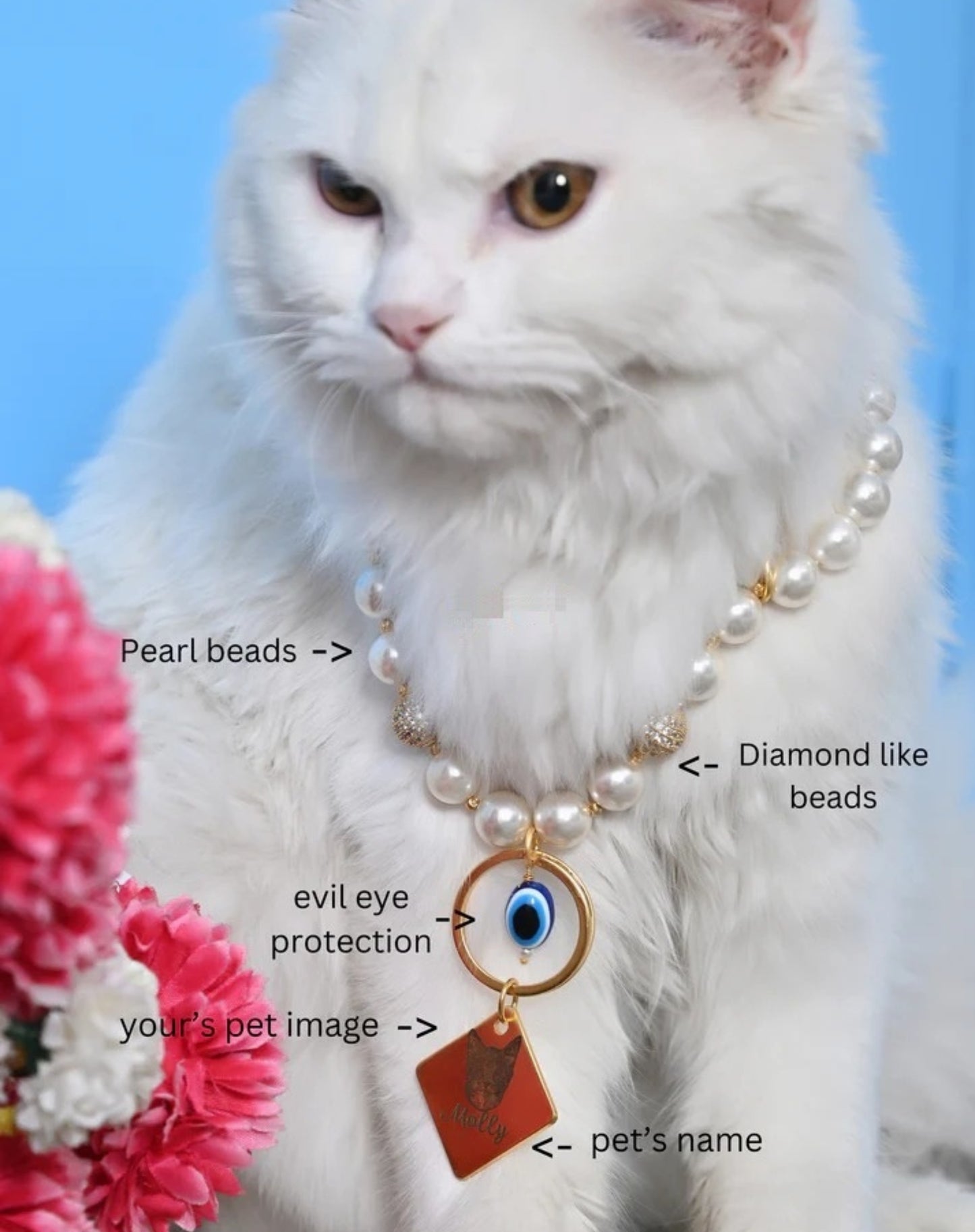 Personalized Cat Pearl Necklace with Evil Eye Charm