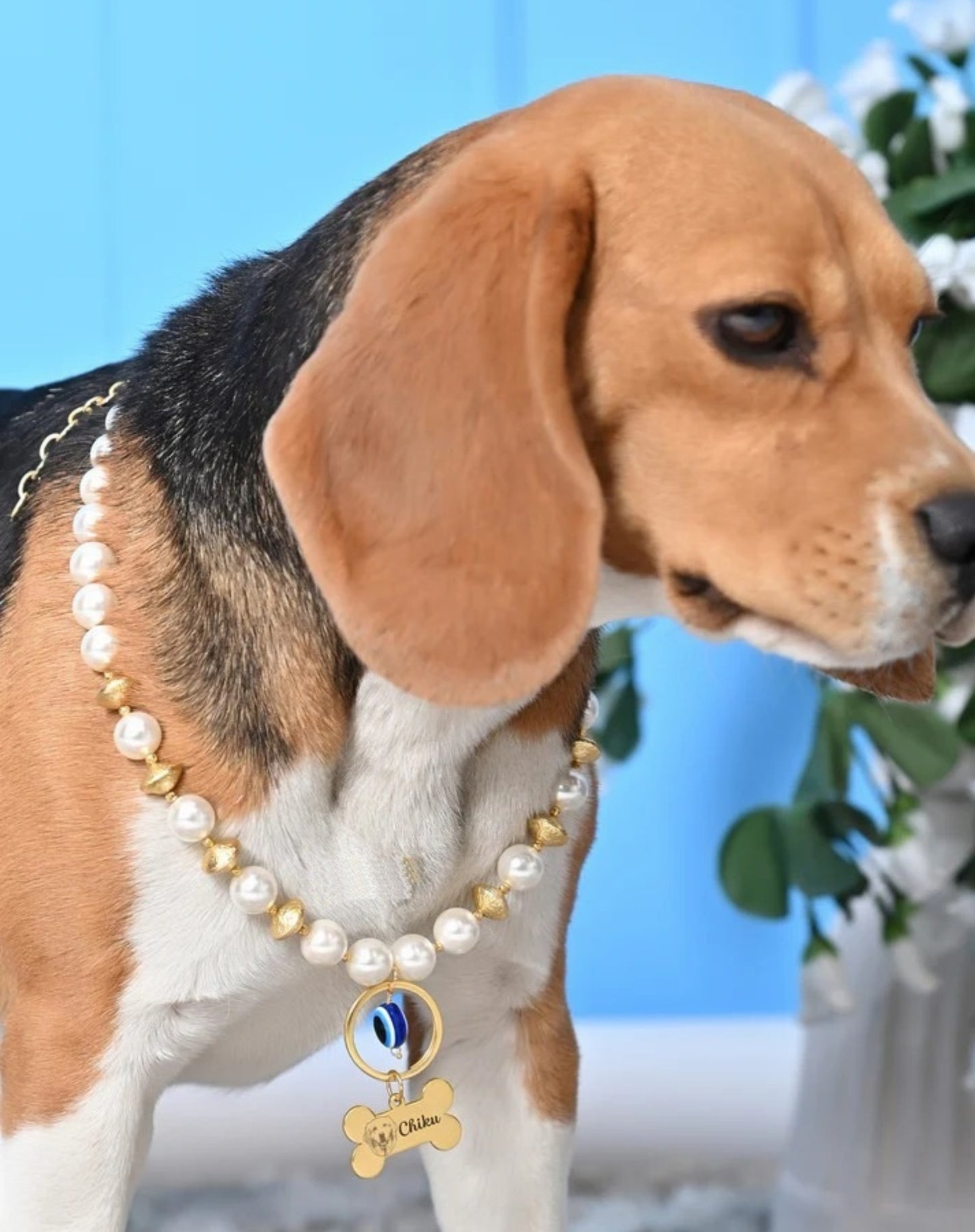 Personalized Pearl Pet Necklace with Gold Beads
