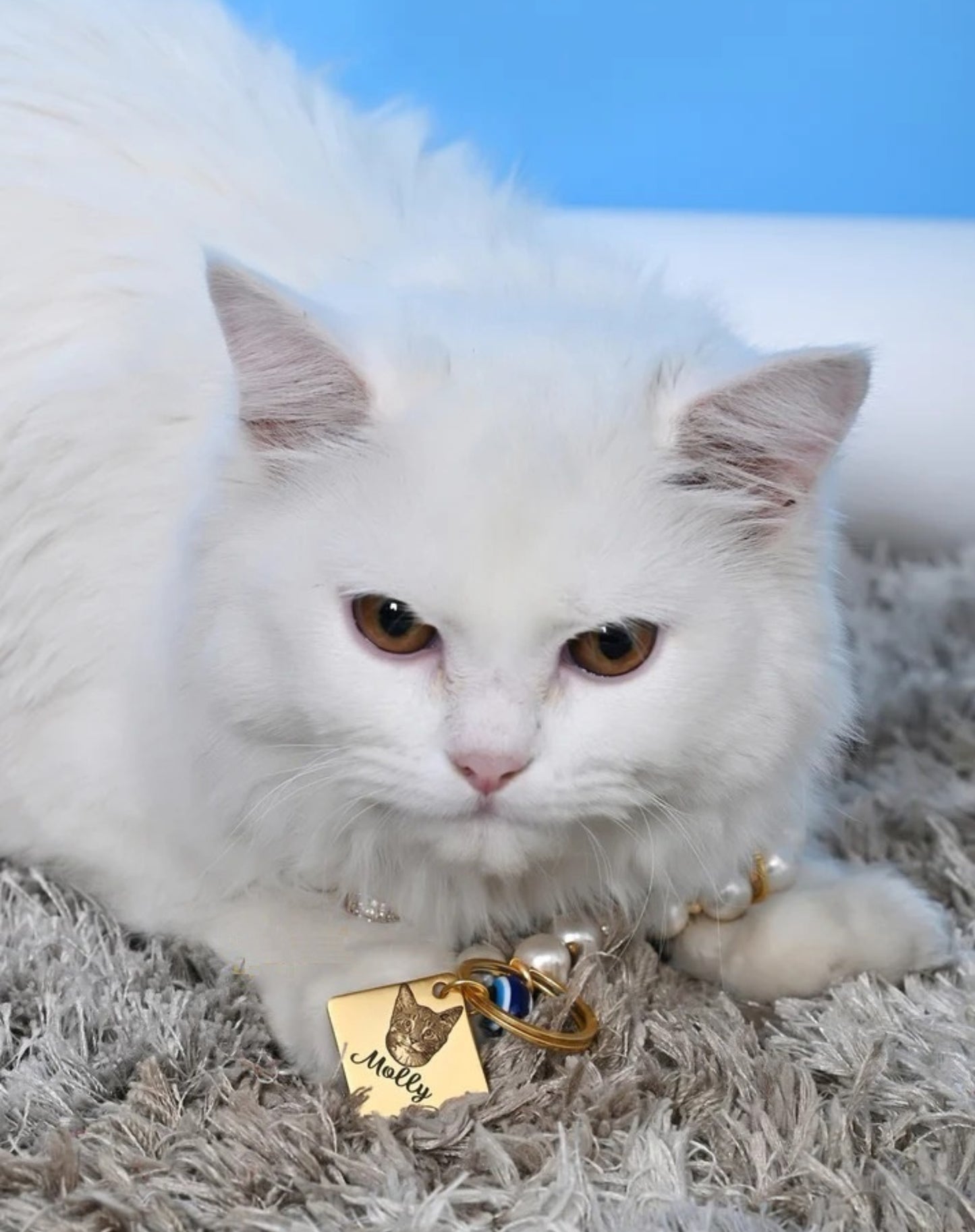 Personalized Cat Pearl Necklace with Evil Eye Charm