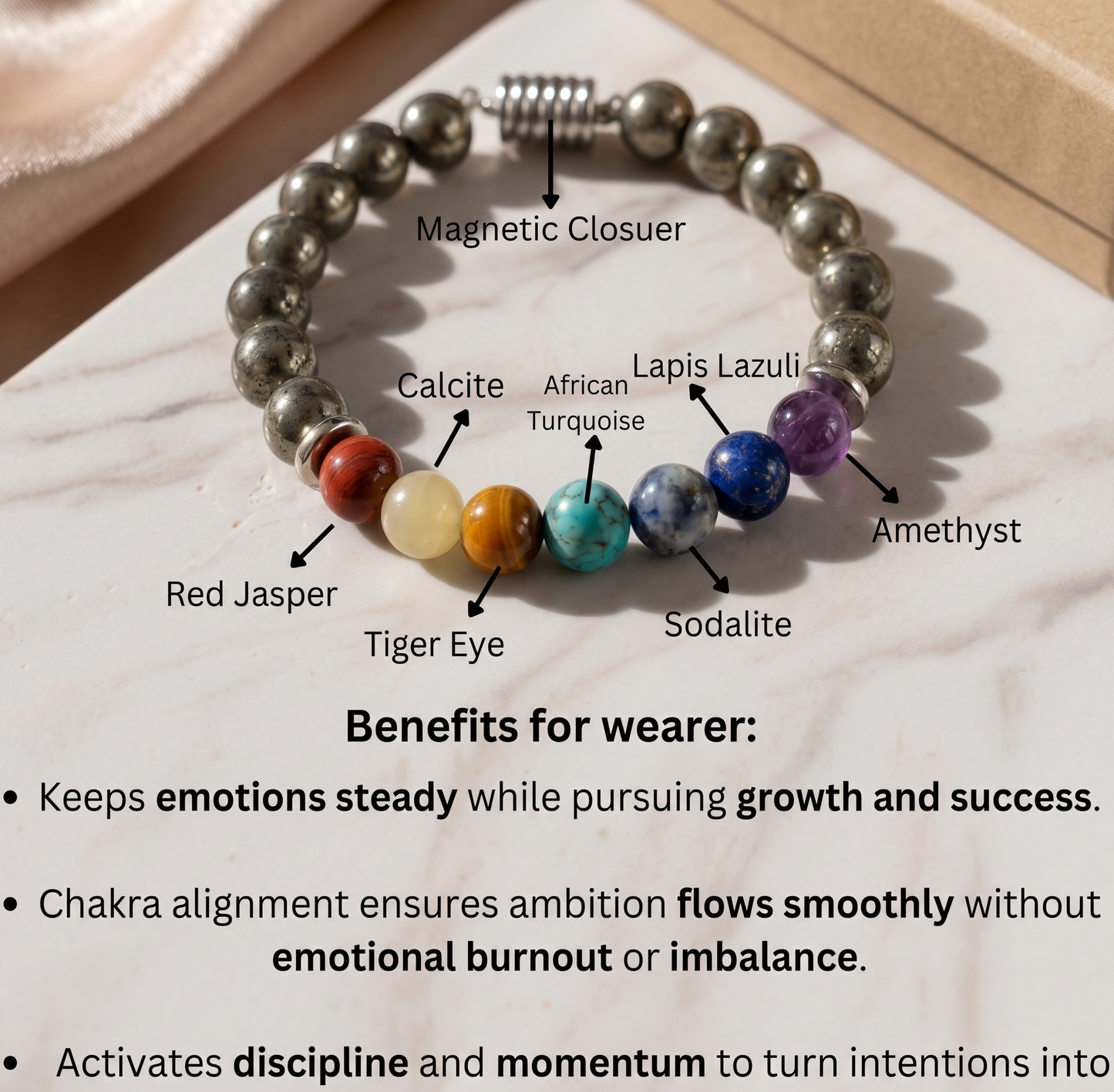 Money Magnet Pyrite 7 Chakra Natural Stone Bracelet