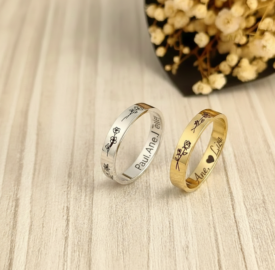 Custom Birth Flower and Name Ring