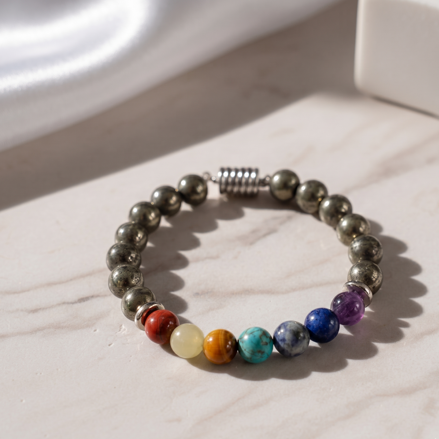 Money Magnet Pyrite 7 Chakra Natural Stone Bracelet