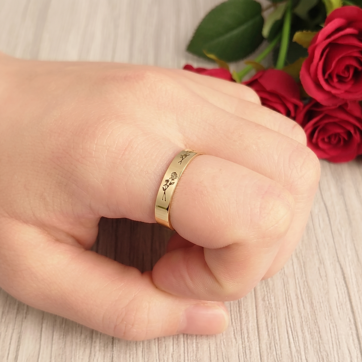 Custom Birth Flower and Name Ring