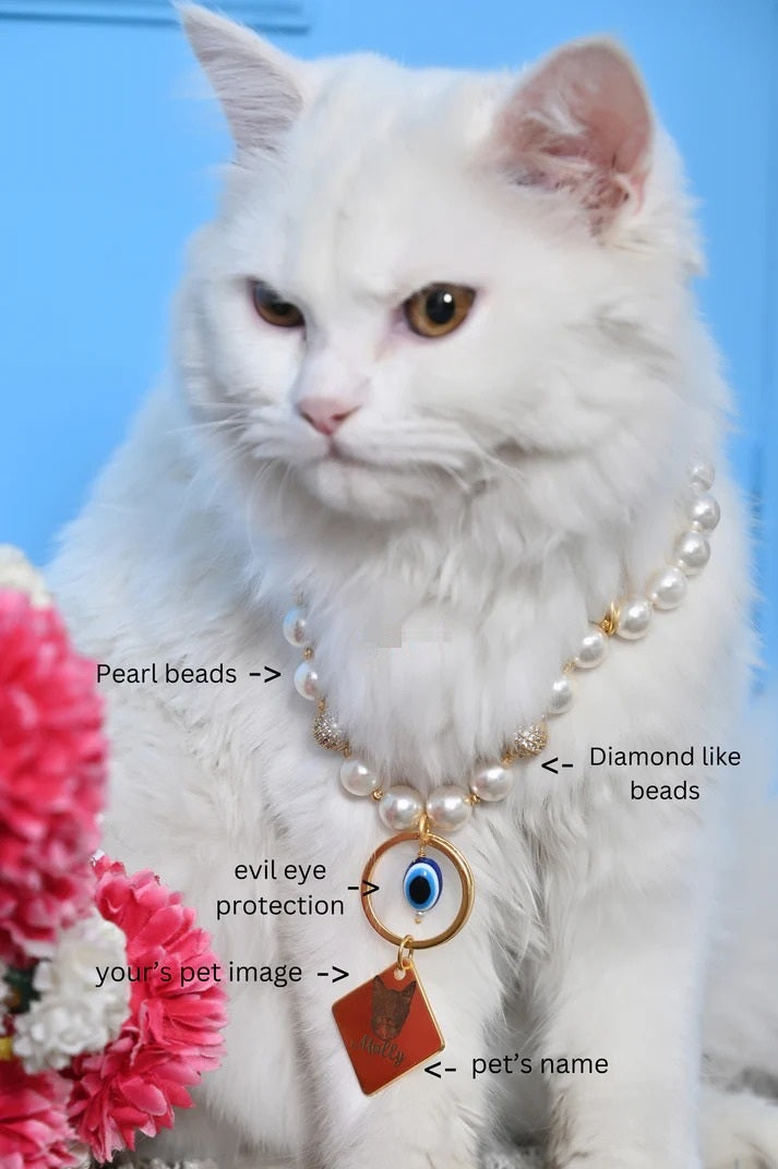 Personalized Cat Pearl Necklace with Evil Eye Charm