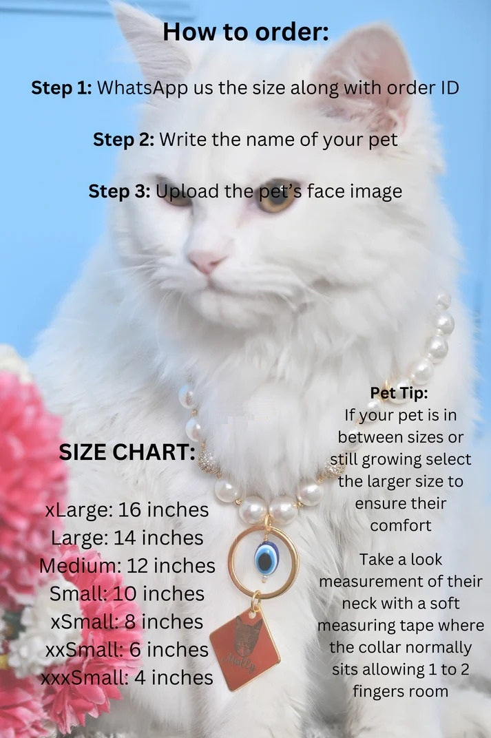 Personalized Cat Pearl Necklace with Evil Eye Charm