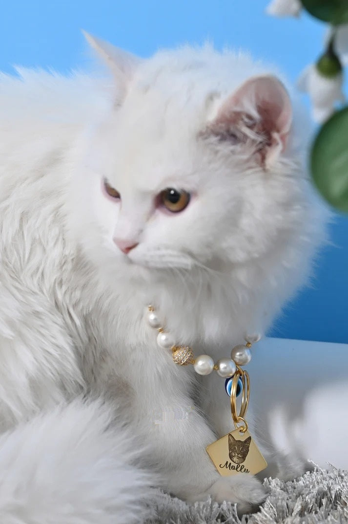 Personalized Cat Pearl Necklace with Evil Eye Charm