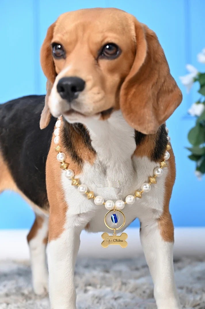 Personalized Pearl Pet Necklace with Gold Beads