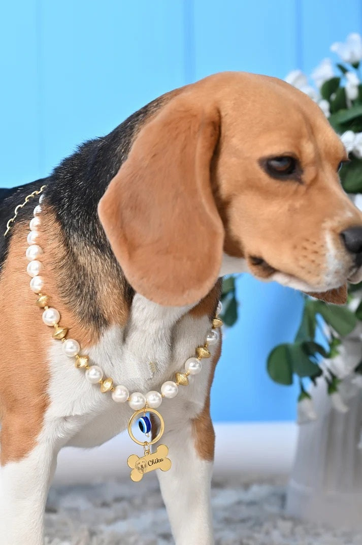 Personalized Pearl Pet Necklace with Gold Beads