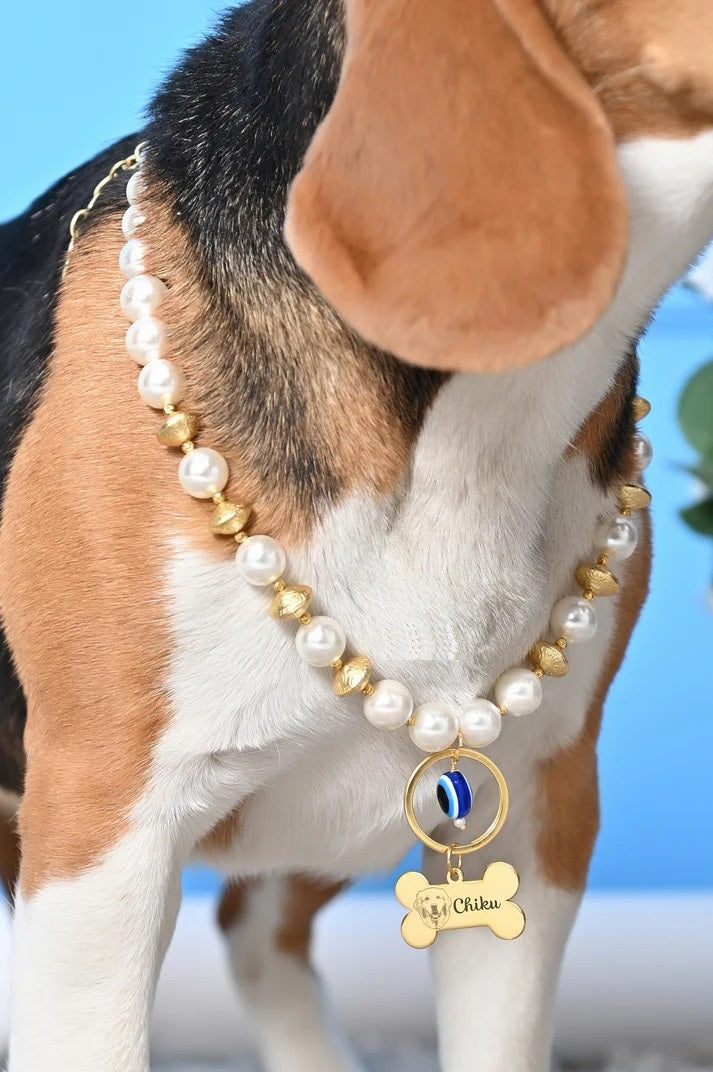 Personalized Pearl Pet Necklace with Gold Beads