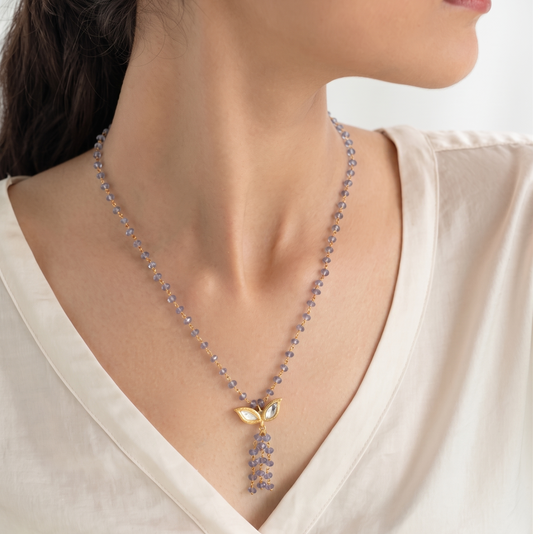 Blue Beaded Kundan Butterfly Tassel Necklace