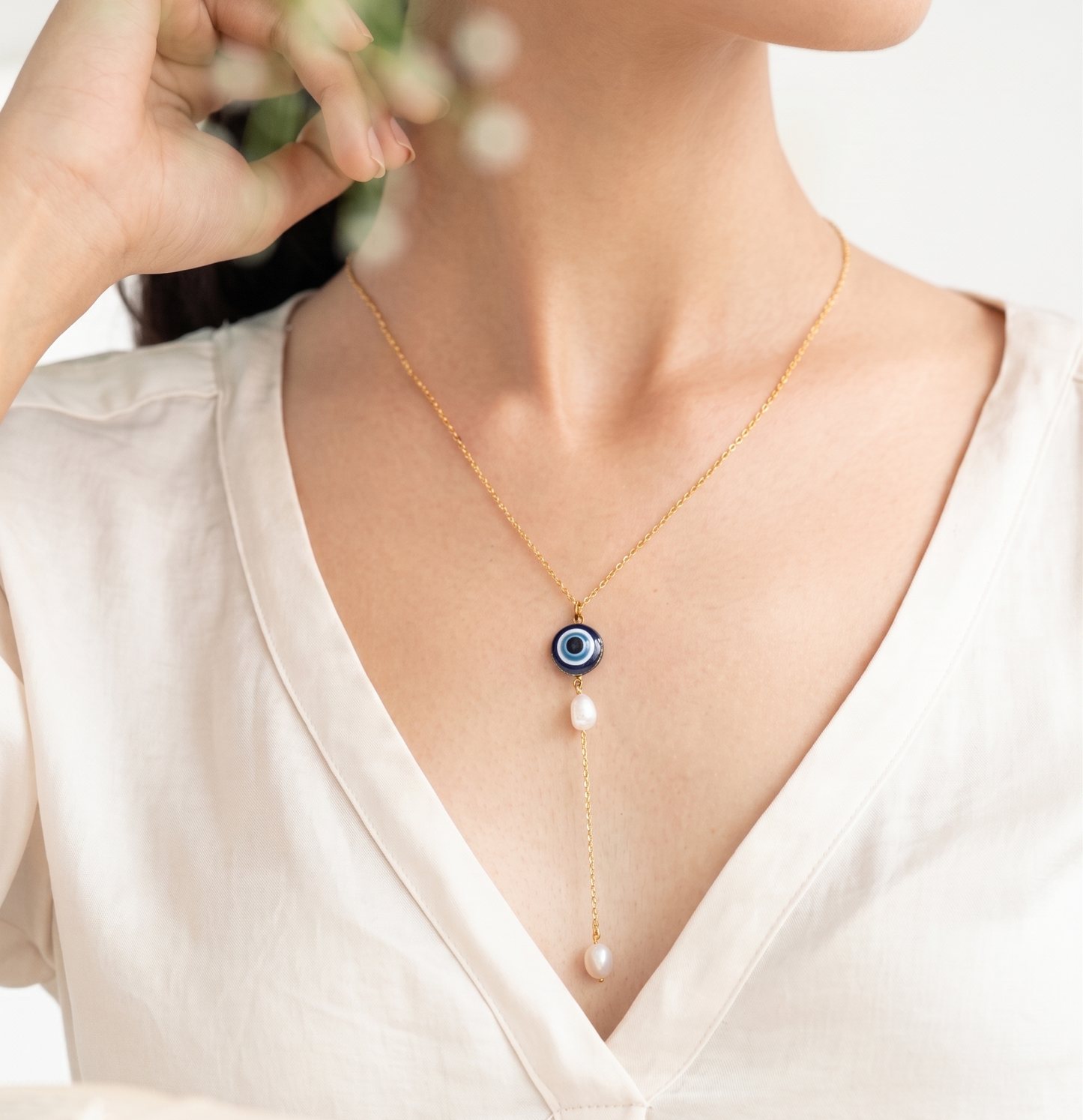 Evil Eye Pearl Lariat Y Gold Chain Necklace
