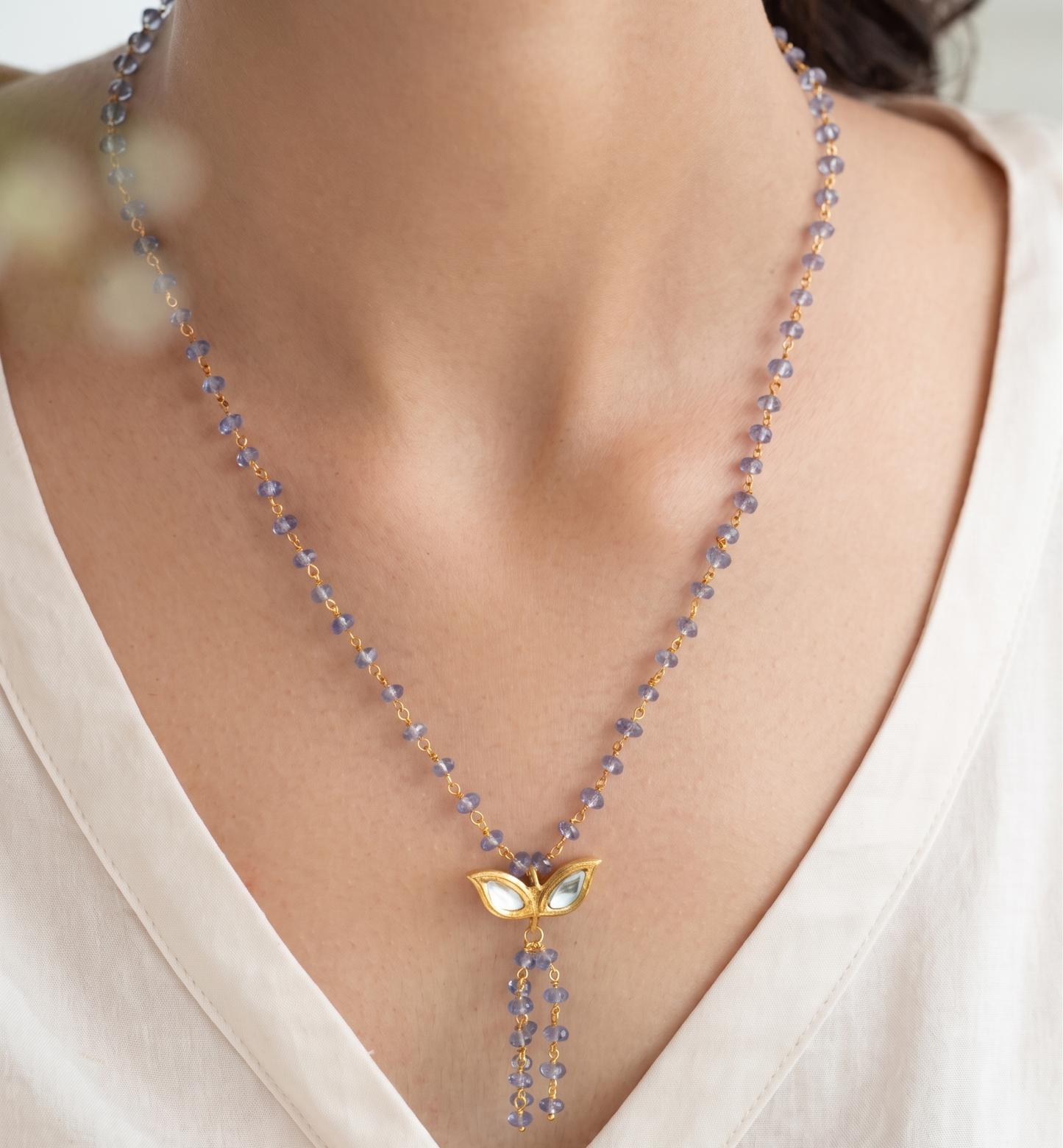 Blue Beaded Kundan Butterfly Tassel Necklace