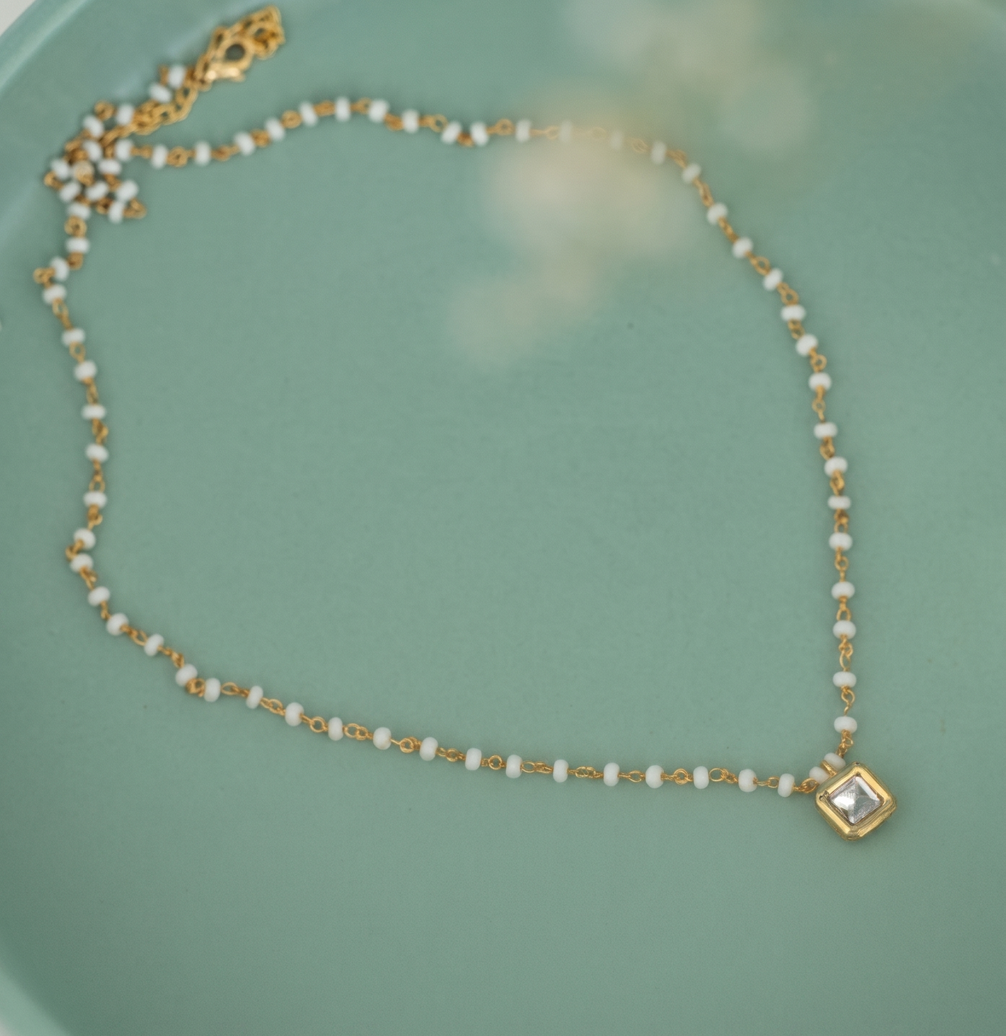 Pearl Beaded Kundan Square Pendant Necklace