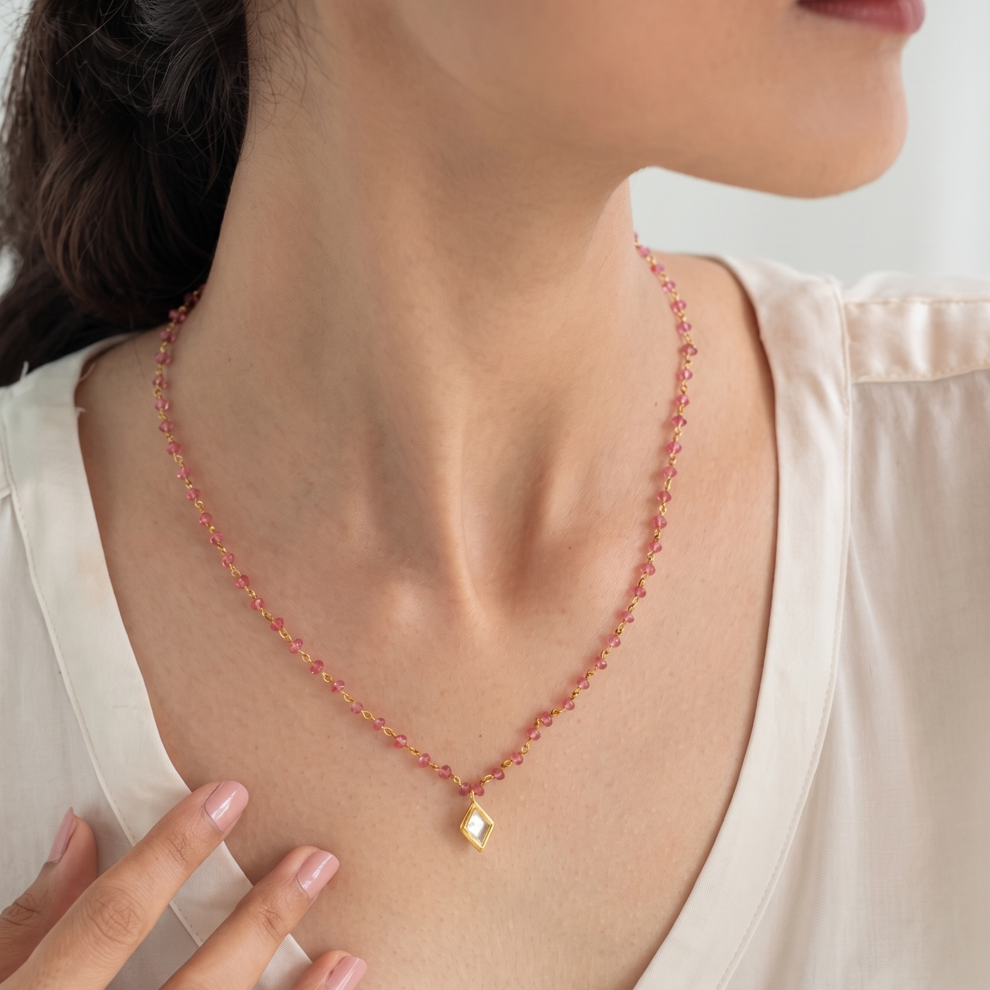 Pink Beaded Kundan Pendant Necklace