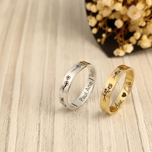 Custom Birth Flower and Name Ring