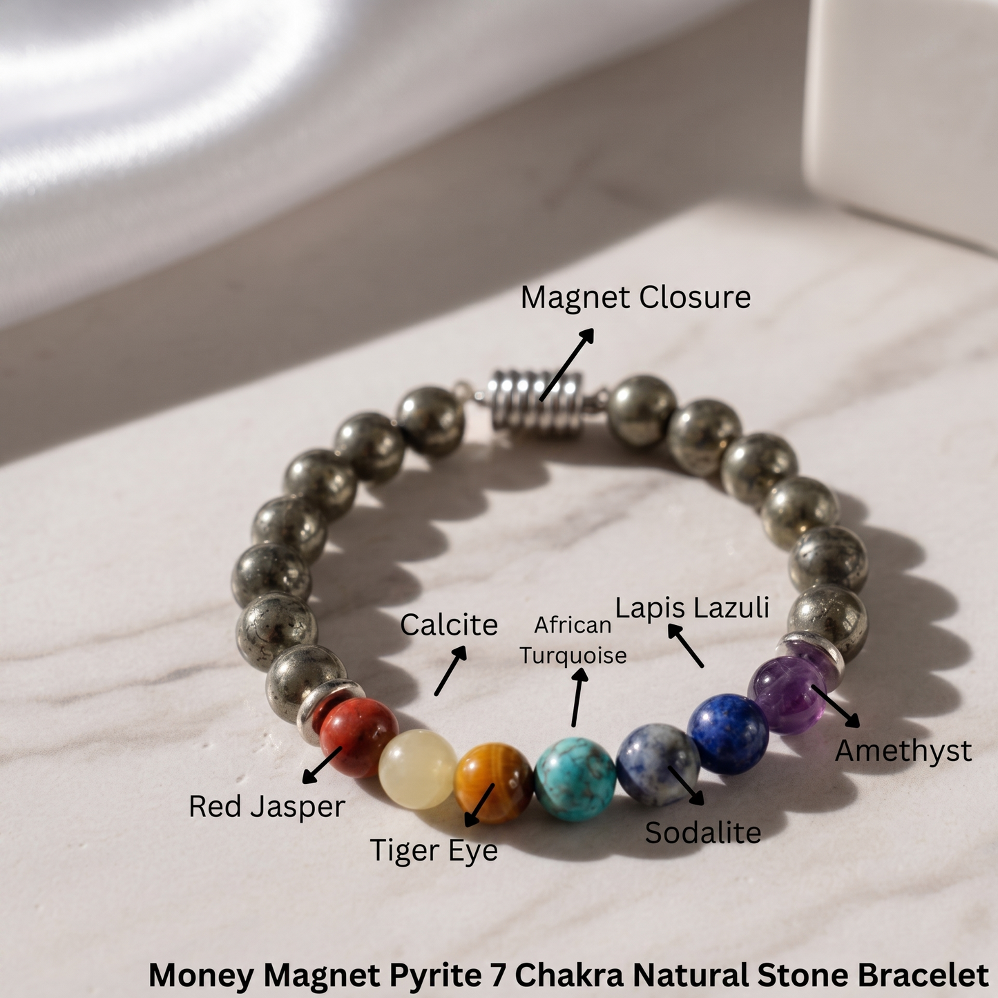 Money Magnet Pyrite 7 Chakra Natural Stone Bracelet