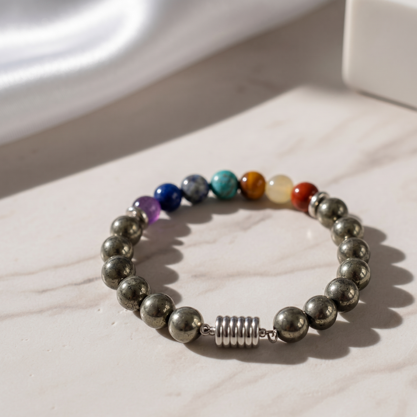 Money Magnet Pyrite 7 Chakra Natural Stone Bracelet