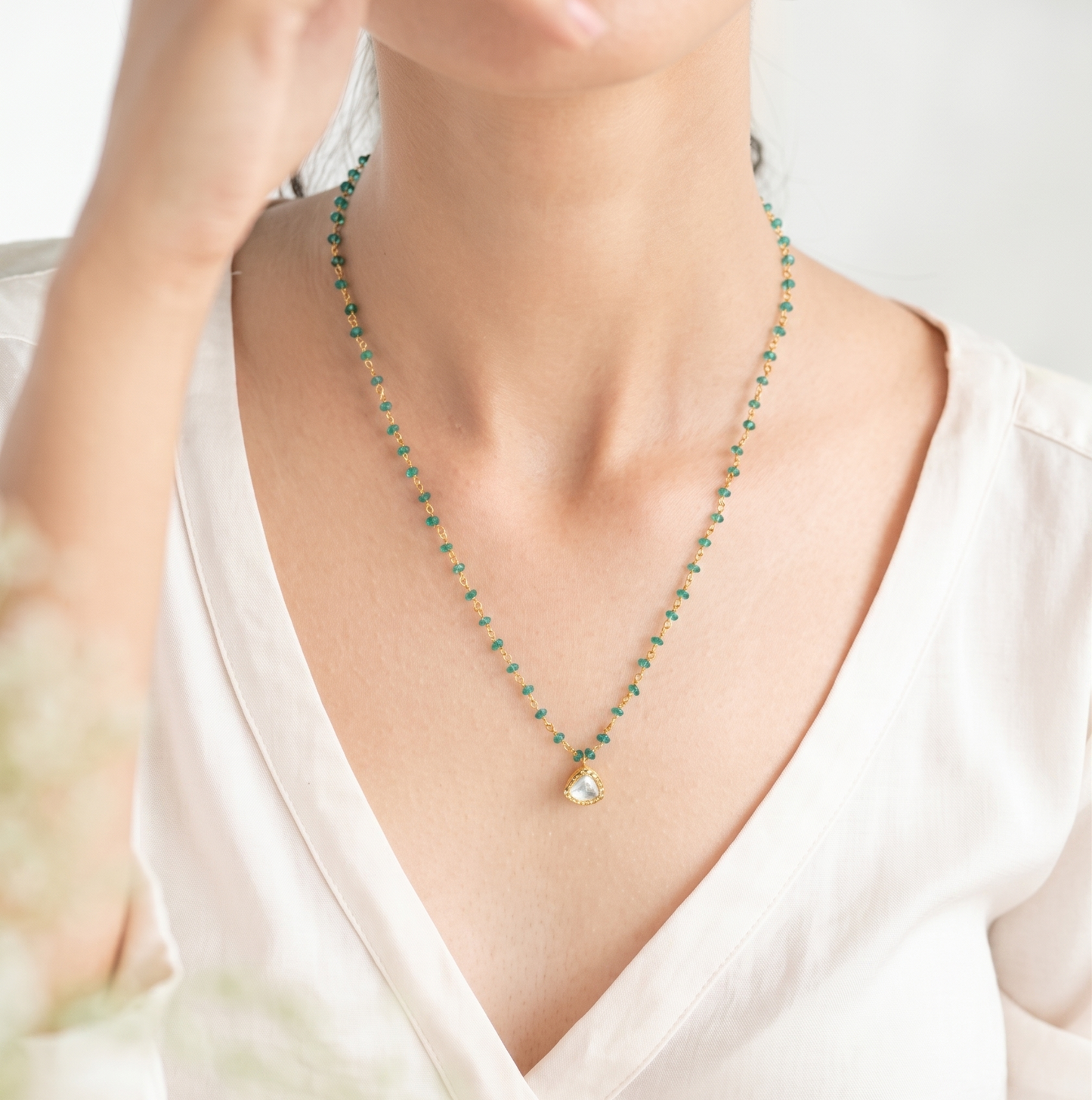 Green Beaded Kundan Pendant Necklace